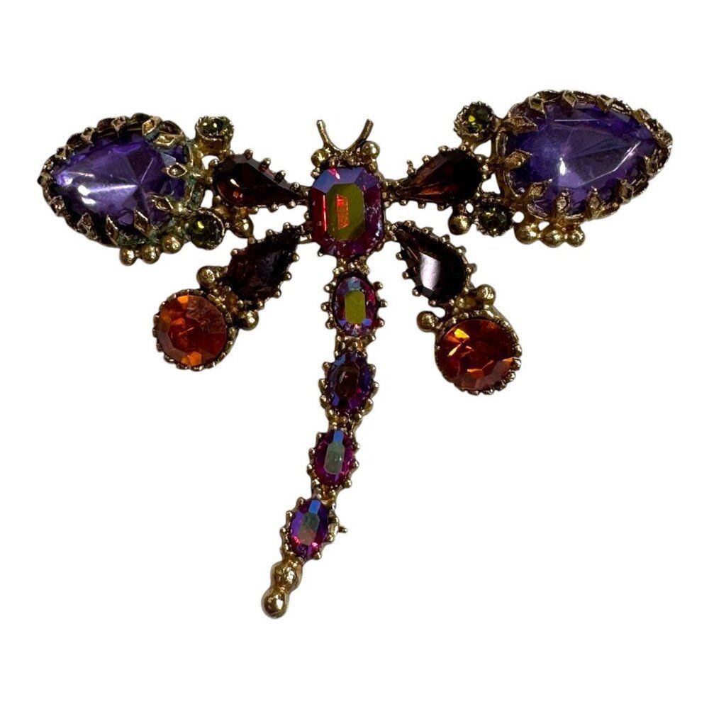 Vintage Dragonfly Brooch Pin W/ Blue Red Rhinestones Mothers Day Gift Insect